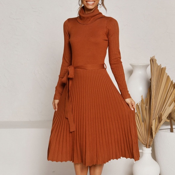 Rouge! Dresses & Skirts - Pumpkin Orange Turtleneck Knit Belted Dress